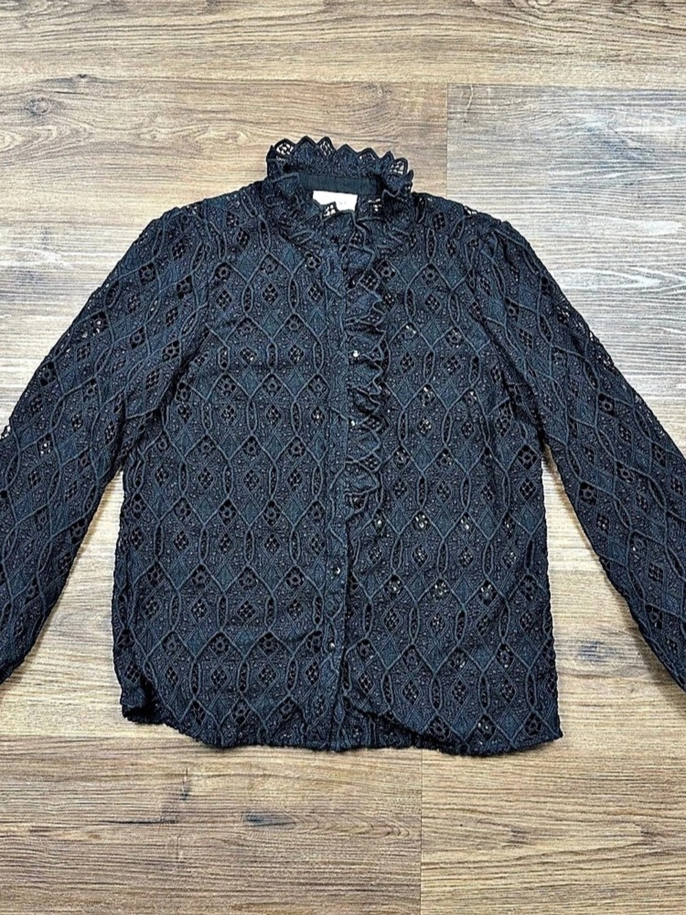 Sézane Chlo Shirt Womens Size 36 Black Guipure Lace Blouse Ruffle Collar